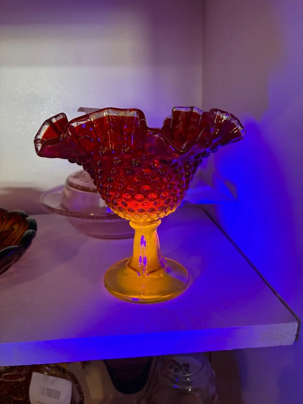 Vintage Fenton Amberina Hobnail Compote UV Reactive Ruffled Pedestal